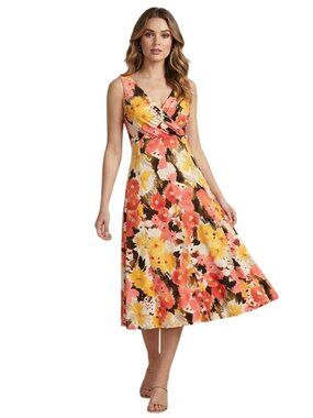 Jones Wear Dress Sz 14 Sleeveless Floral Flowy Midi A Line Stretch Faux Wrap